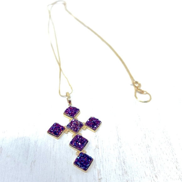14K solid yellow gold and purple druzy cross pendant, NWOT, 2.3g - Picture 6 of 10
